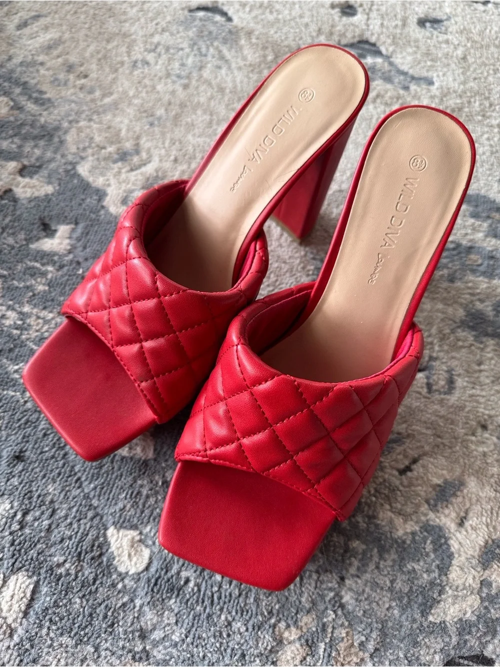 Wild DIVA Lounge Quilted Red Block Heel Mules Slide Sandals